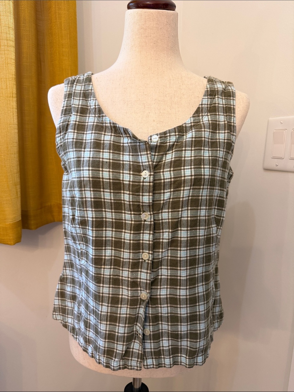 Eddie Bauer Olive Green & White Plaid Button-Front Tank